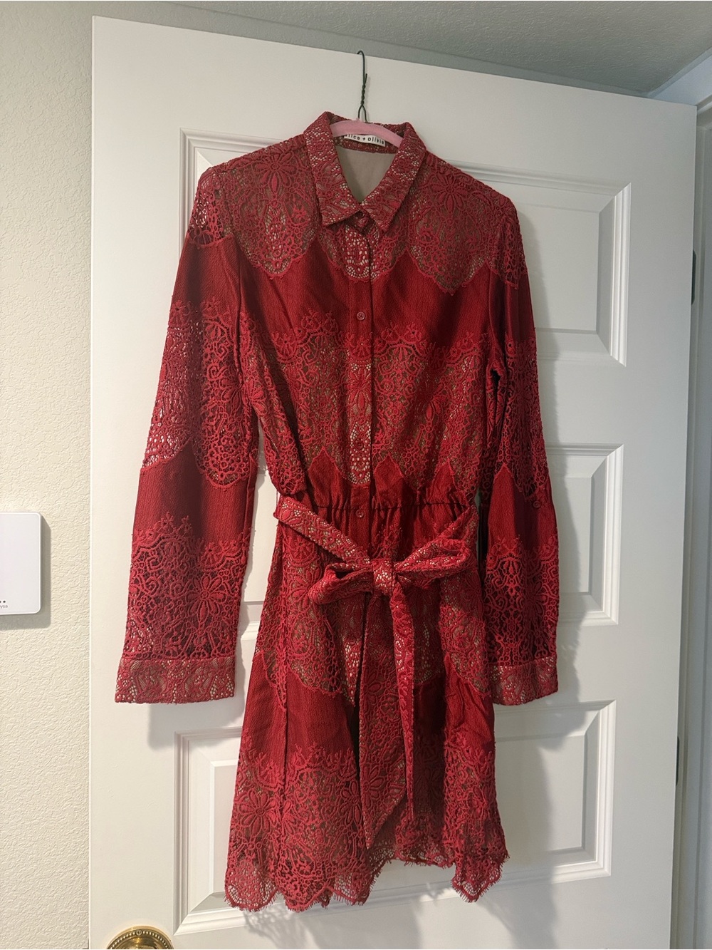 Alice + Olivia Red Lace Shirt Dress with Waist Tie